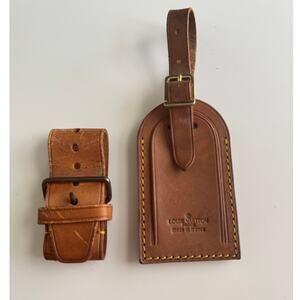 Authentic‎ Louis Vuitton Vachetta Leather Name Luggage Tag And Poignet Set SN428